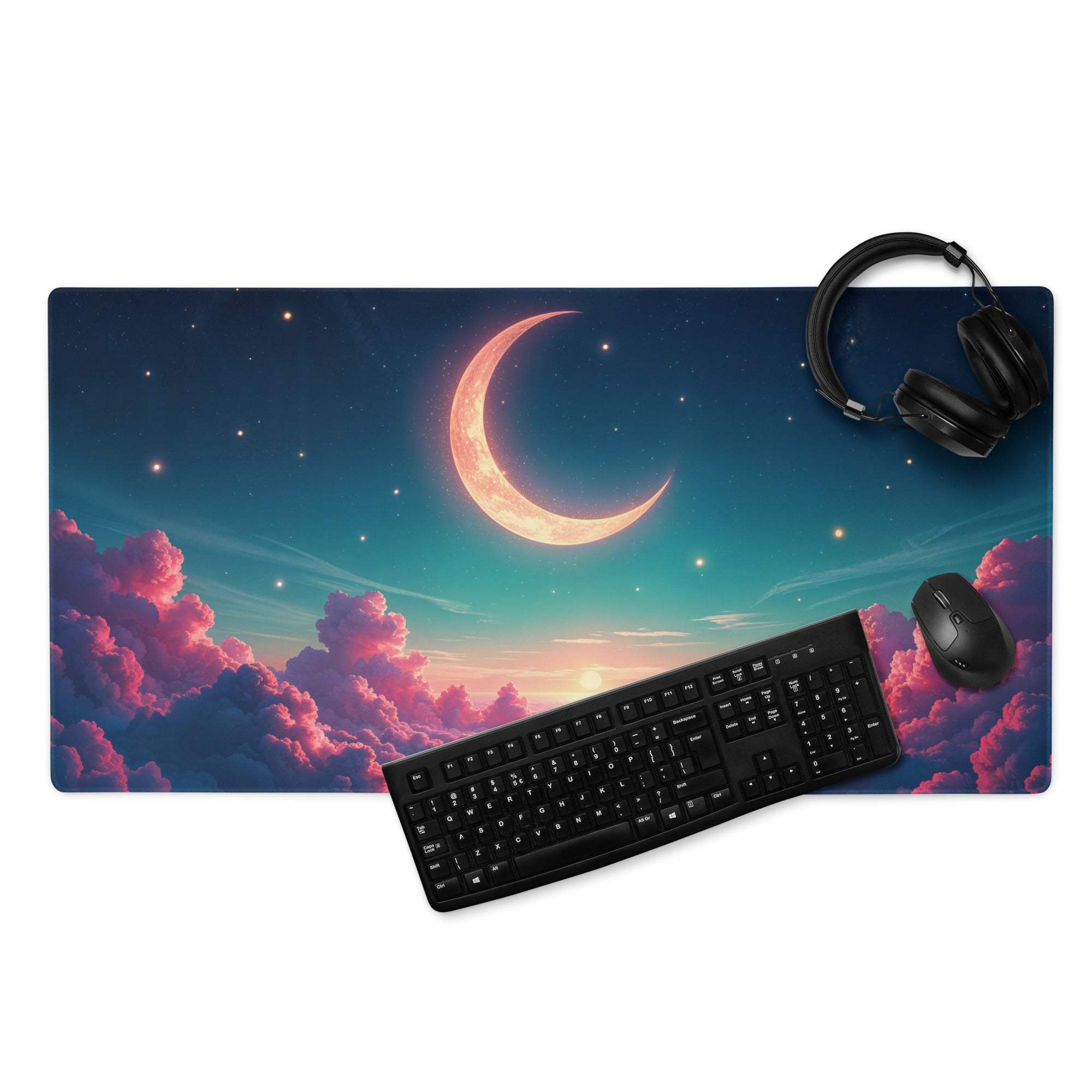 Dreamy night sky gaming mouse pad with cosmic moon, stars, non-slip base
