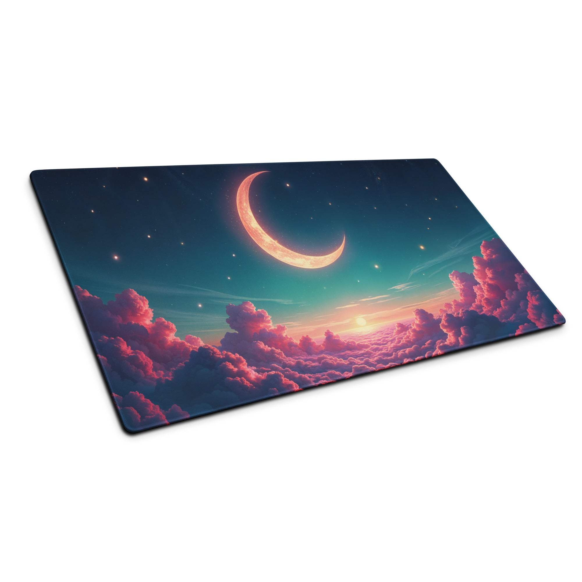 Dreamy night sky gaming mouse pad with glowing crescent moon and stars