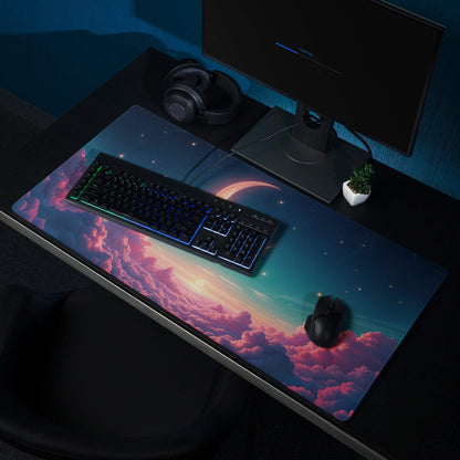 Vibrant dreamy night sky gaming mouse pad with pink teal clouds moon stars large non-slip surface
