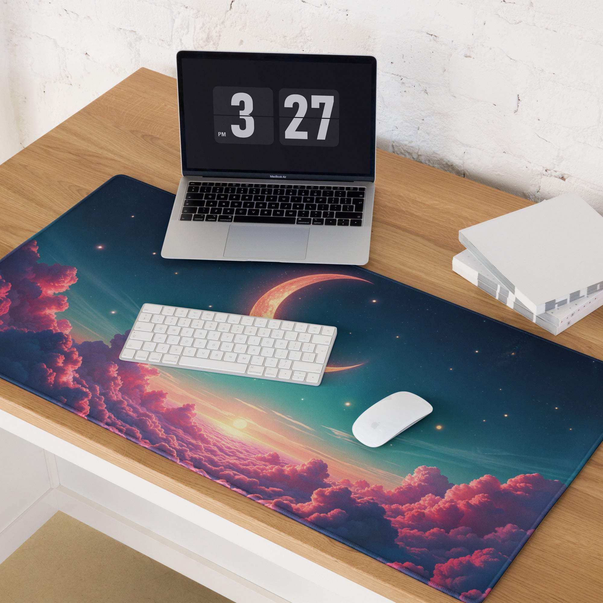 Dreamy night sky gaming mouse pad with pink purple clouds crescent moon