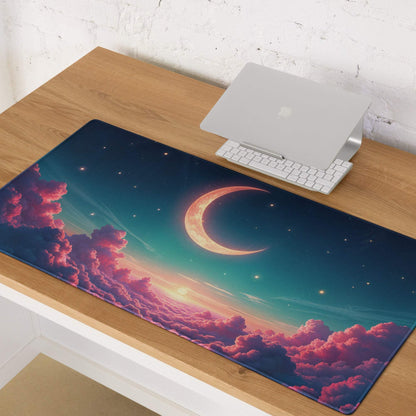 Dreamy night sky gaming mouse pad with cosmic pink purple clouds moon stars