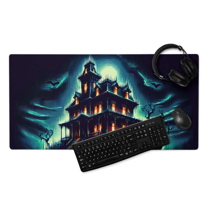 Epic Neon Haunted Mansion large gaming mousepad with haunted house design