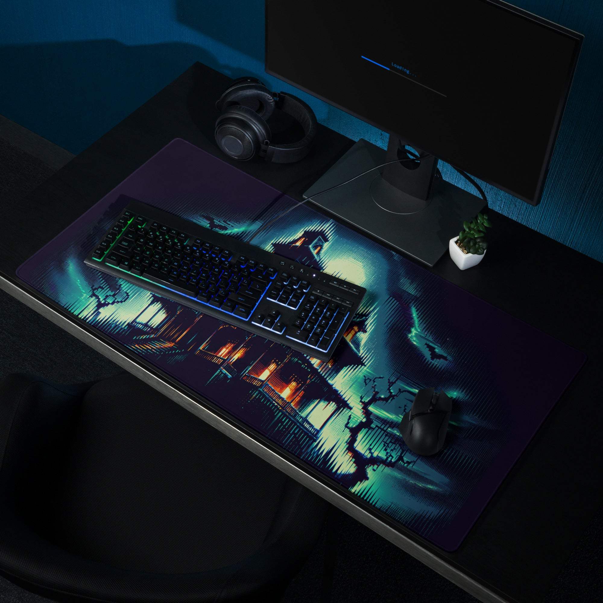 Dark purple Batman gaming mousepad with glowing teal orange cityscape