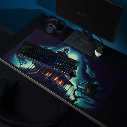Dark purple Batman gaming mousepad with glowing teal orange cityscape
