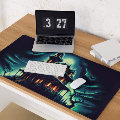 Epic Neon Haunted Mansion large gaming mouse pad with glowing green orange haunted house and bats