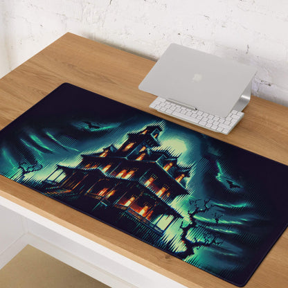 Epic Neon Haunted Mansion large gaming mouse pad with haunted house design