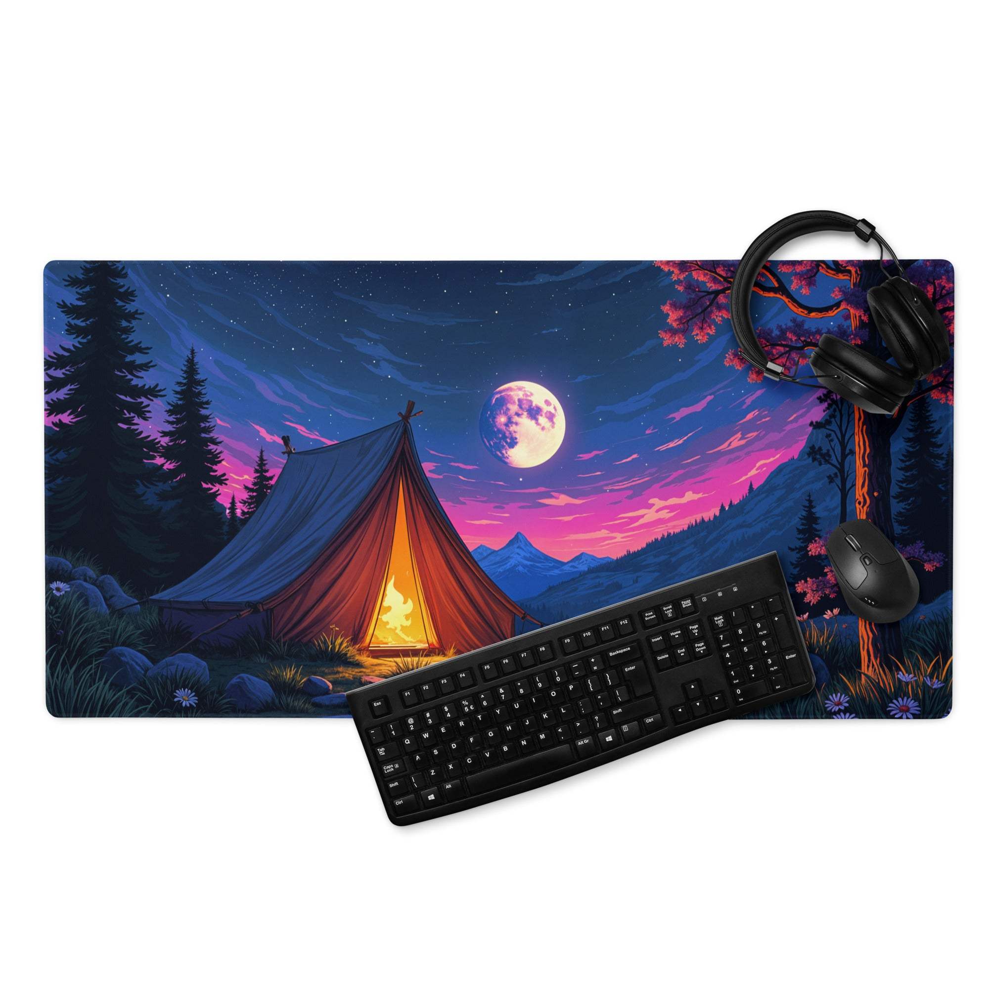 Epic night camping gaming mousepad with moonlit tent and purple twilight mountains