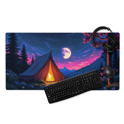 Epic night camping gaming mousepad with moonlit tent and purple twilight mountains