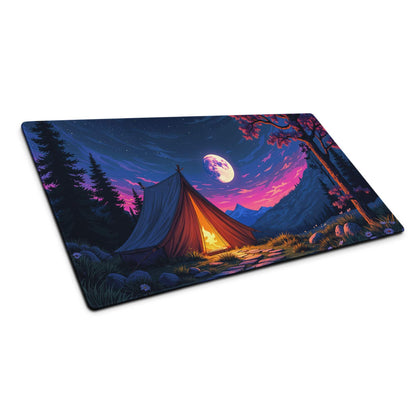 Epic night camping gaming mousepad with glowing moonlit tent in purple twilight sky