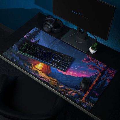 Epic night camping gaming mousepad with moonlit tent and purple twilight sky