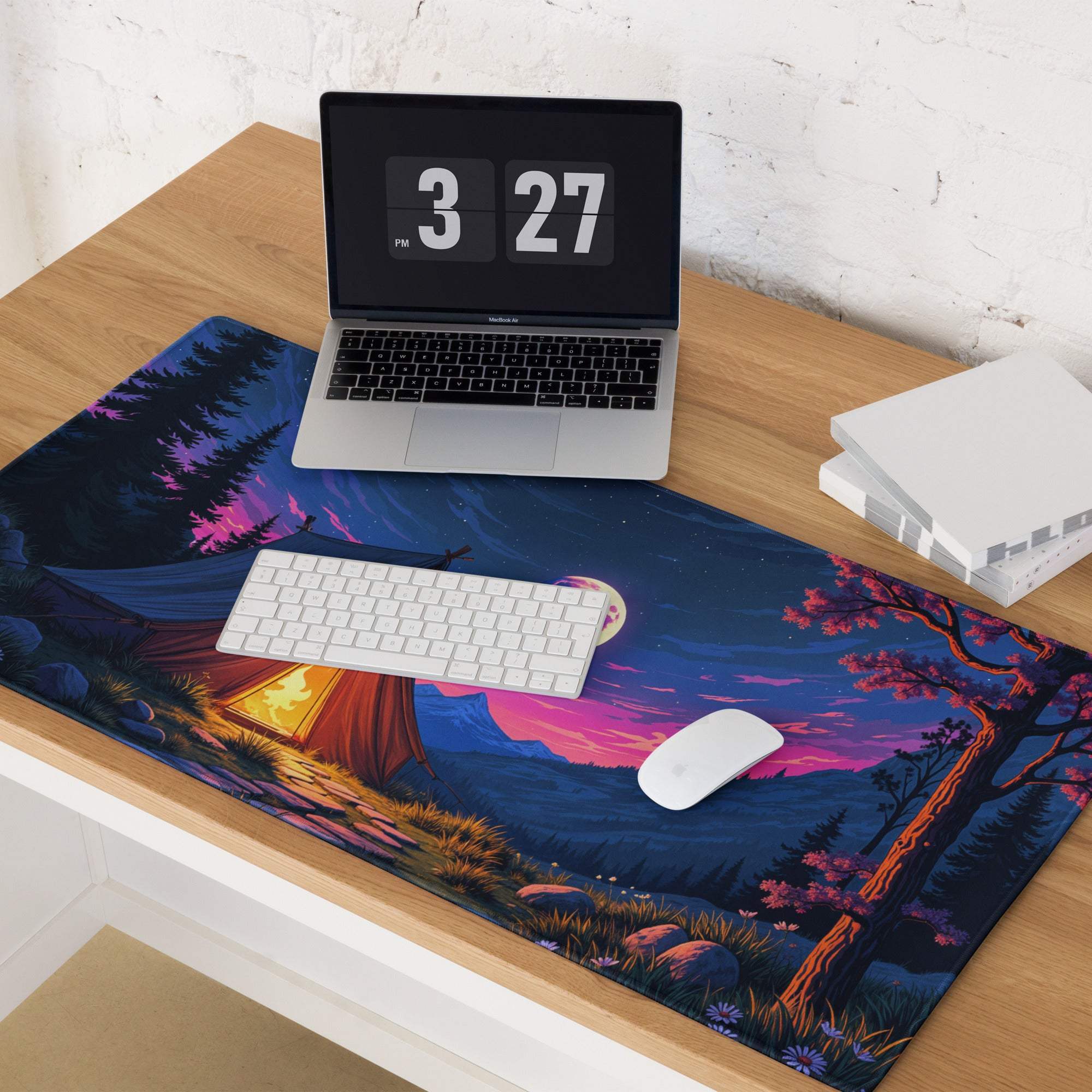 Epic night camping mouse pad with moonlit tent in purple twilight sky