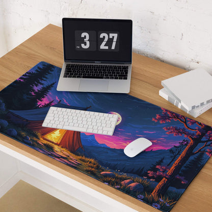 Epic night camping mouse pad with moonlit tent in purple twilight sky