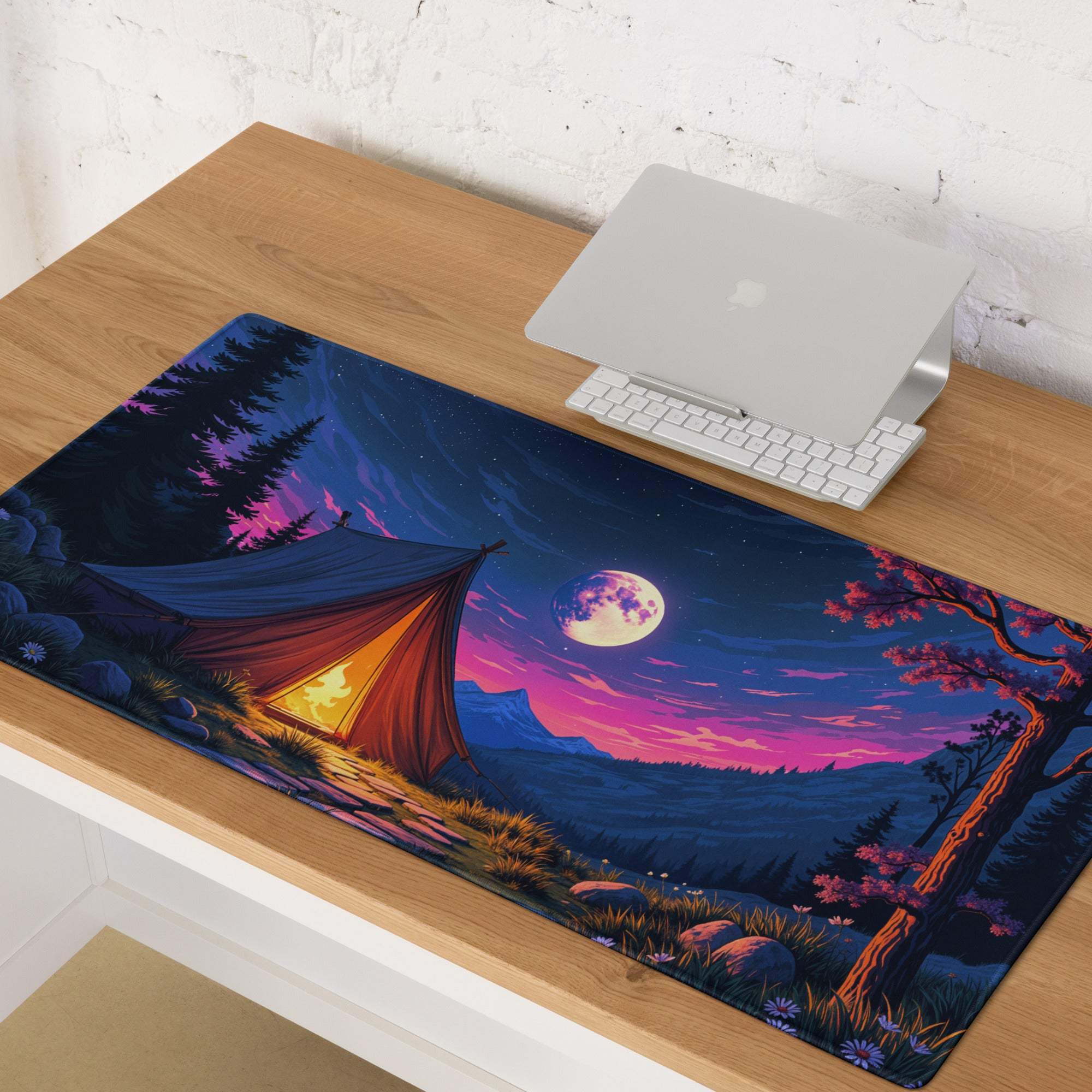 Epic night camping gaming mouse pad with glowing moonlit tent and purple twilight pine trees