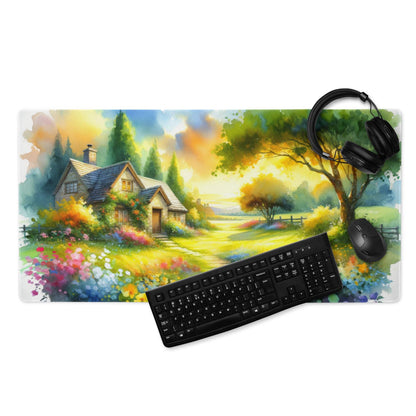 Vibrant watercolor cottage garden large gaming mouse pad with non-slip backing