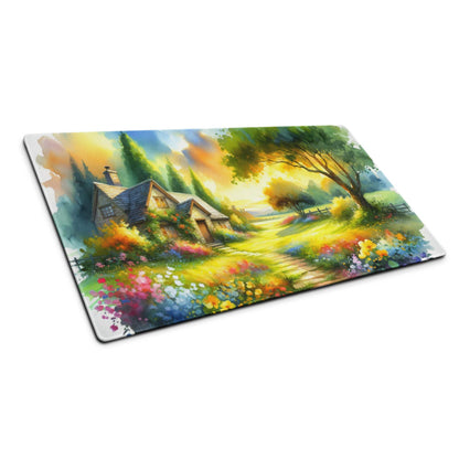 Vibrant watercolor cottage garden on large gaming mouse pad with non-slip backing