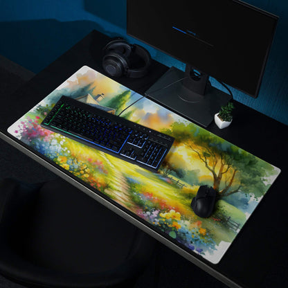 Vibrant watercolor cottage garden large gaming mouse pad