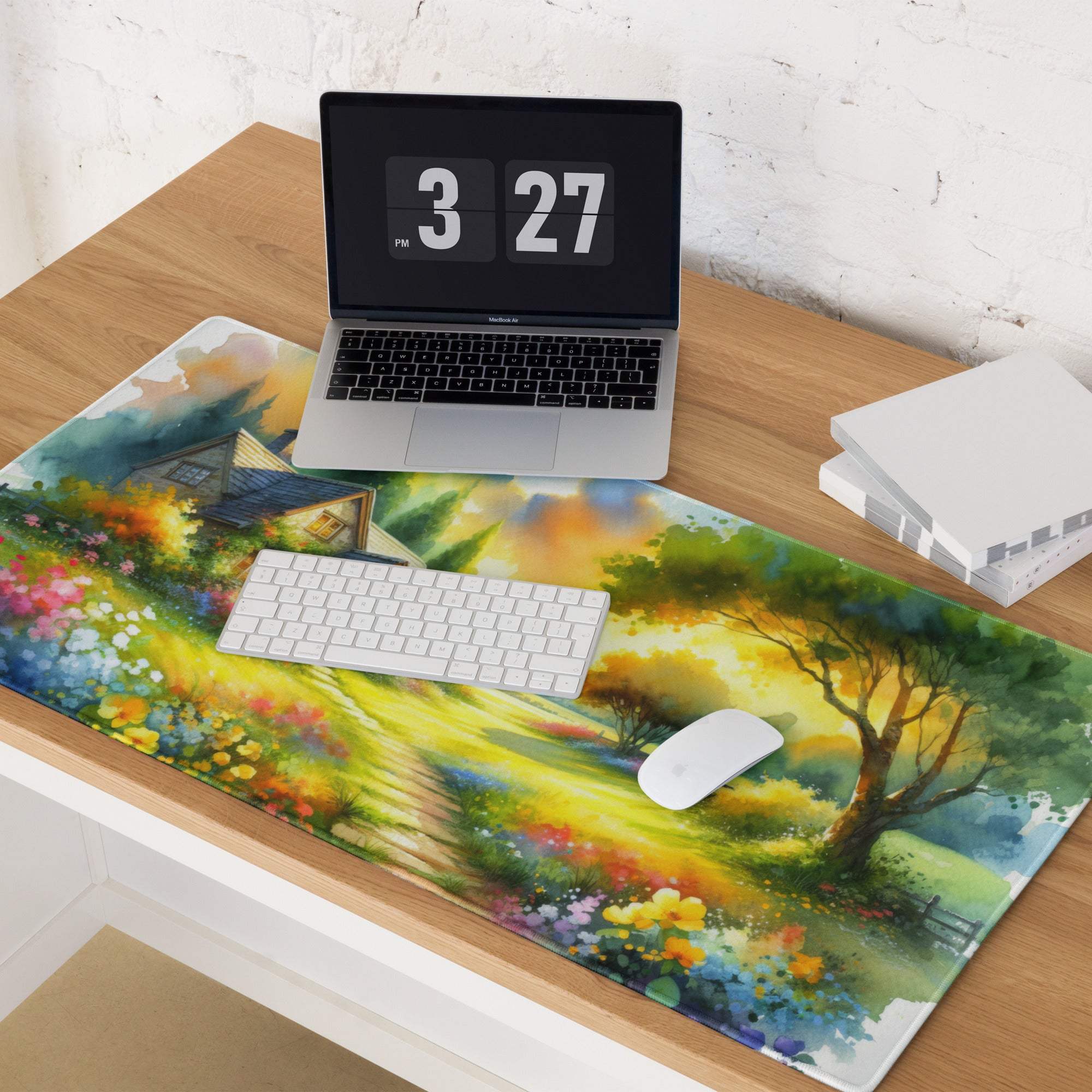 Vibrant watercolor cottage garden landscape large gaming mouse pad