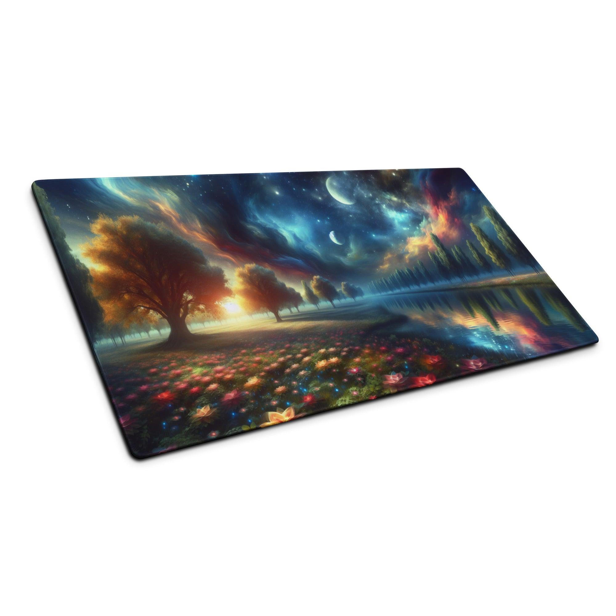 Vibrant dreamy fantasy landscape gaming mouse pad with starry sky, glowing flowers, non-slip base