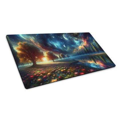 Vibrant dreamy fantasy landscape gaming mouse pad with starry sky, glowing flowers, non-slip base
