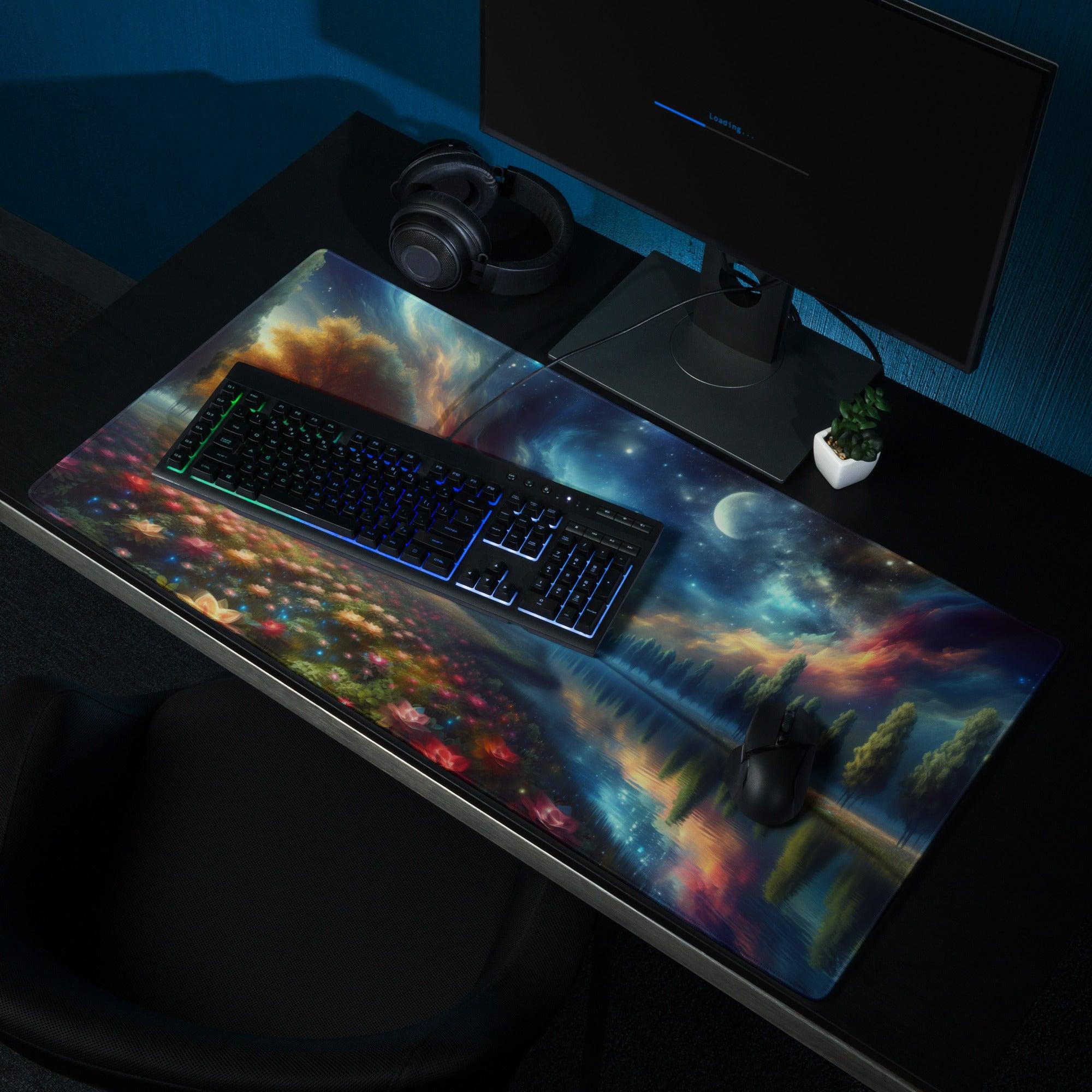Vibrant cosmic galaxy gaming mouse pad with nebulae, stars, non-slip base