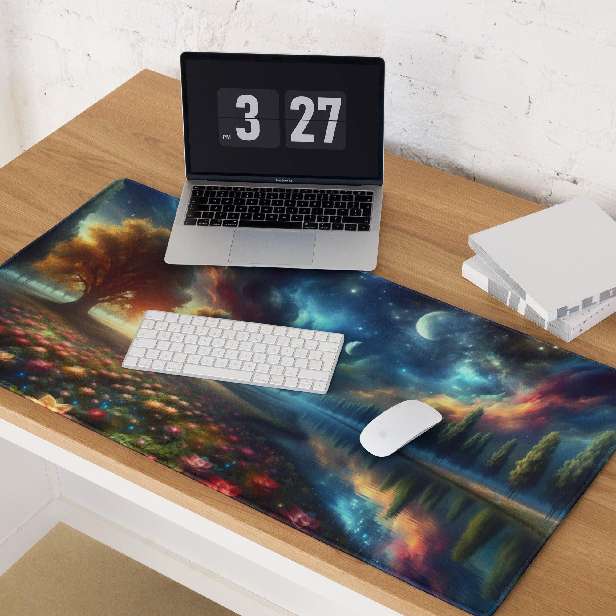Vibrant cosmic gaming mouse pad with dreamy fantasy landscape, non-slip base