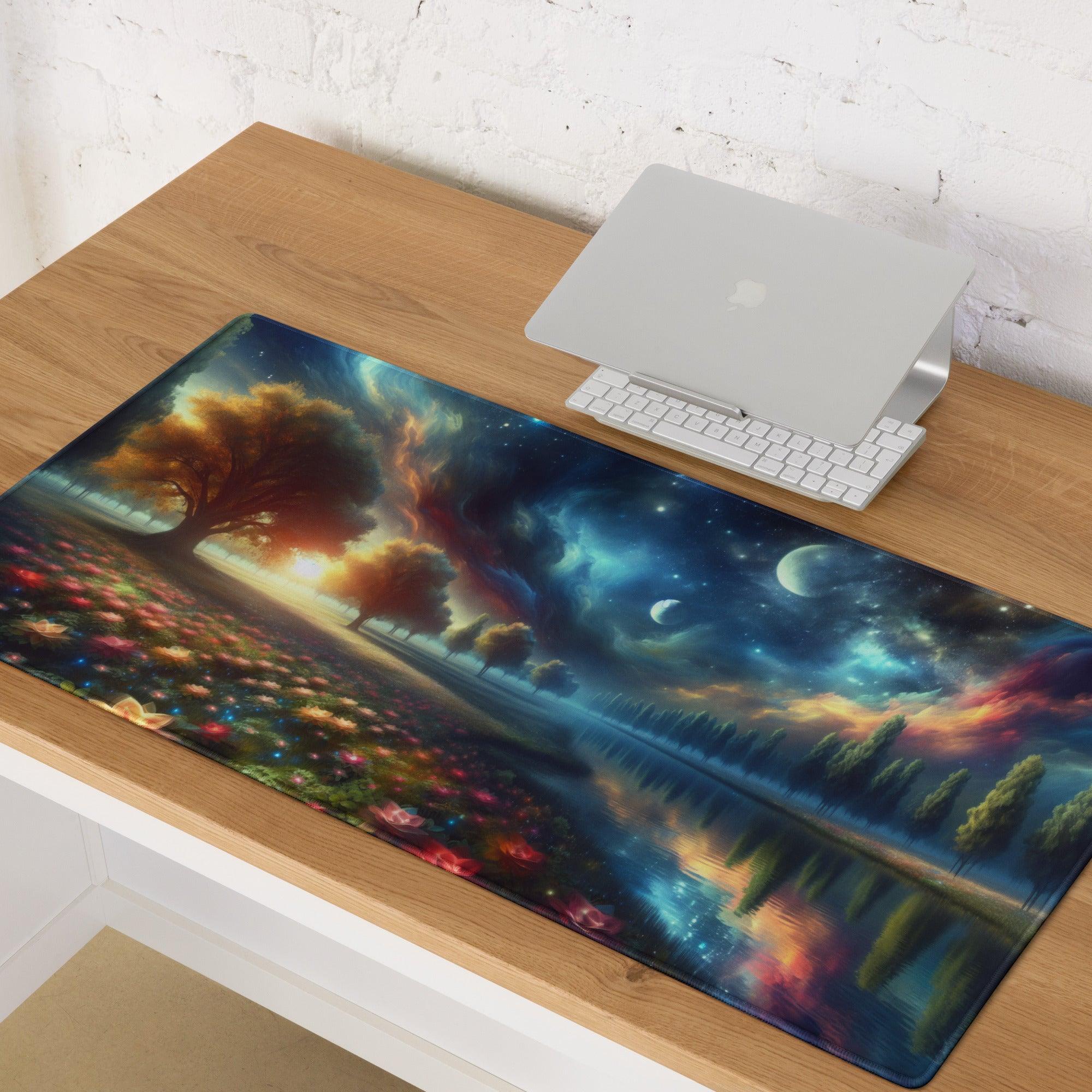Vibrant cosmic landscape gaming mouse pad with glowing flowers, starry sky, moons, nebulae, non-slip base