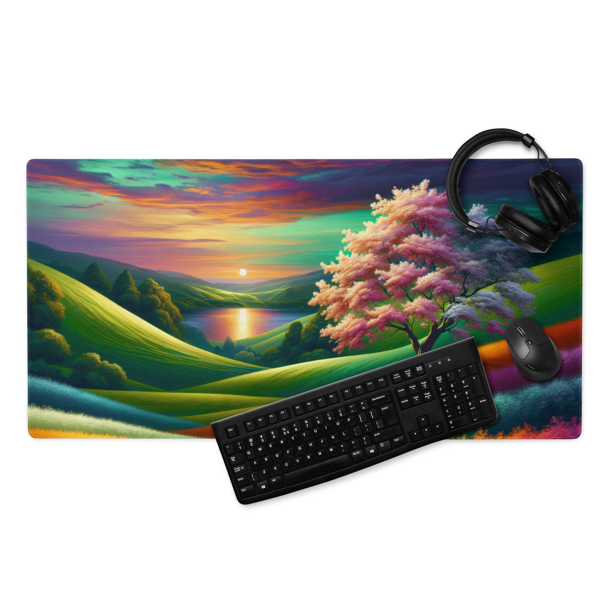 Vibrant rainbow landscape gaming mouse pad with hills, pink tree, sunset, non-slip backing