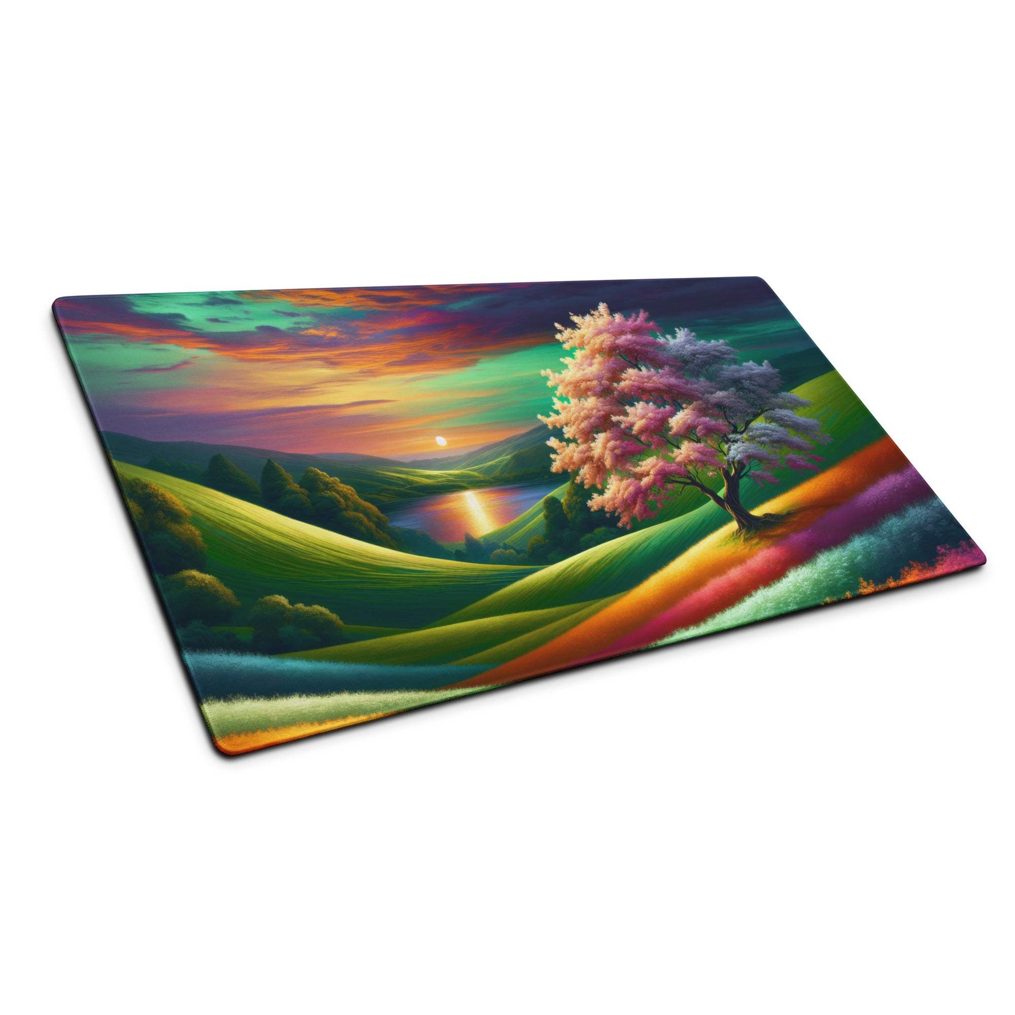 Vibrant landscape cutting board with rolling hills, pink tree, sunset sky