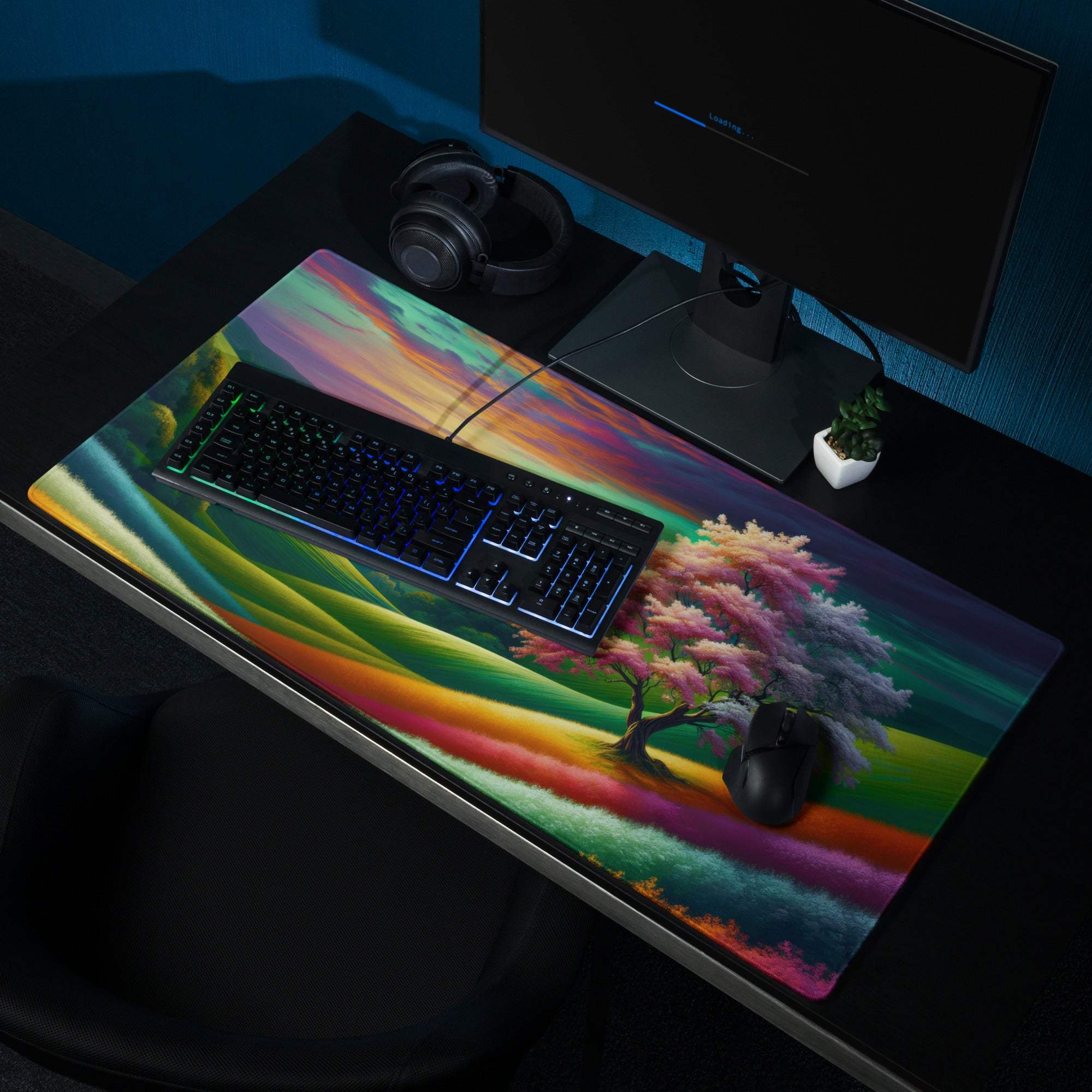 Vibrant rainbow gaming mouse pad with tree blossoms, hills, non-slip backing