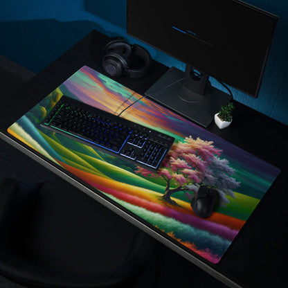 Vibrant rainbow gaming mouse pad with tree blossoms, hills, non-slip backing