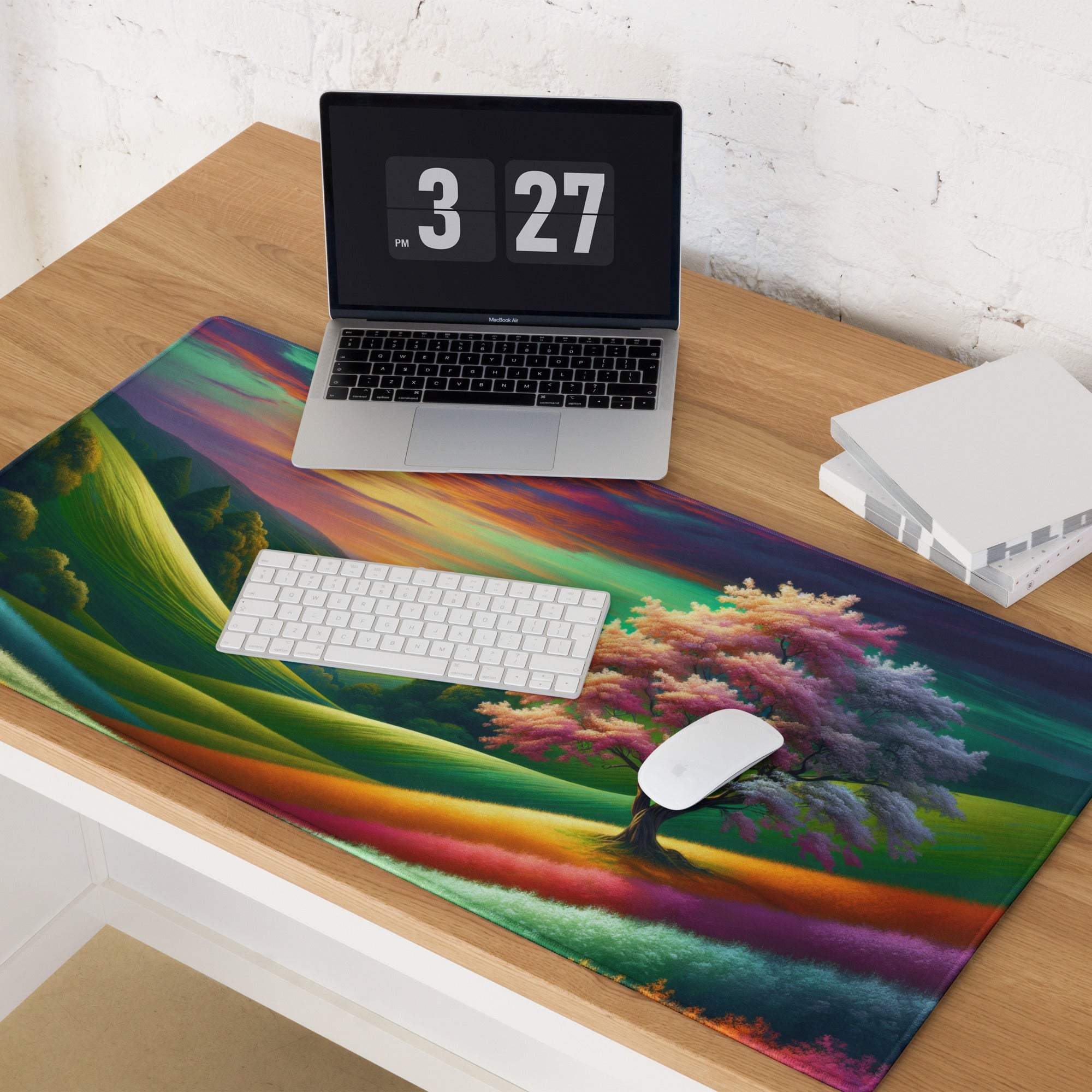 Vibrant rainbow landscape gaming mouse pad with tree, hills, non-slip backing