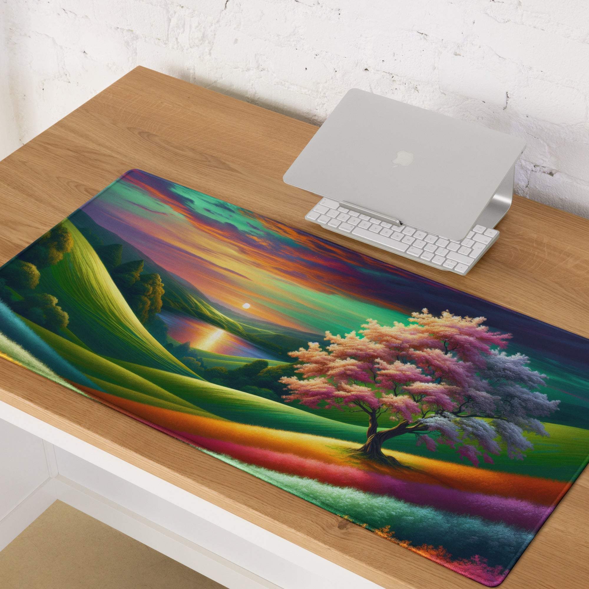 Vibrant rainbow landscape gaming mouse pad with tree, hills, sunset