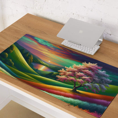 Vibrant rainbow landscape gaming mouse pad with tree, hills, sunset