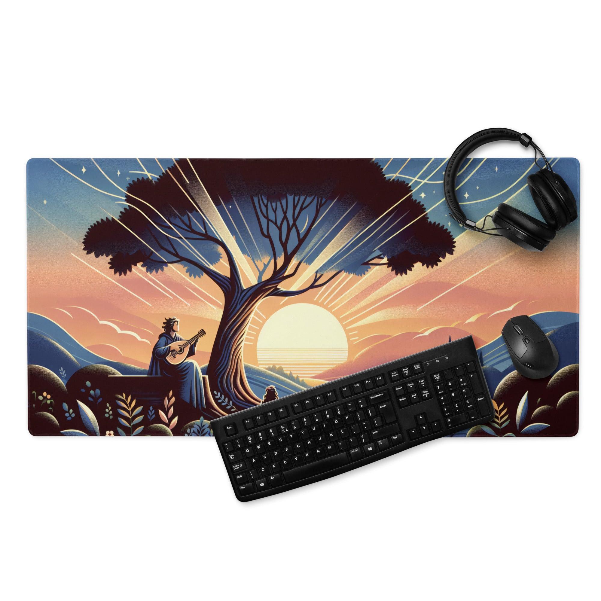 Whimsical sunset guitarist under tree gaming mouse pad illustration