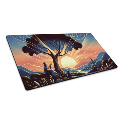 Vibrant sunset guitarist under tree on rectangular glass cutting board