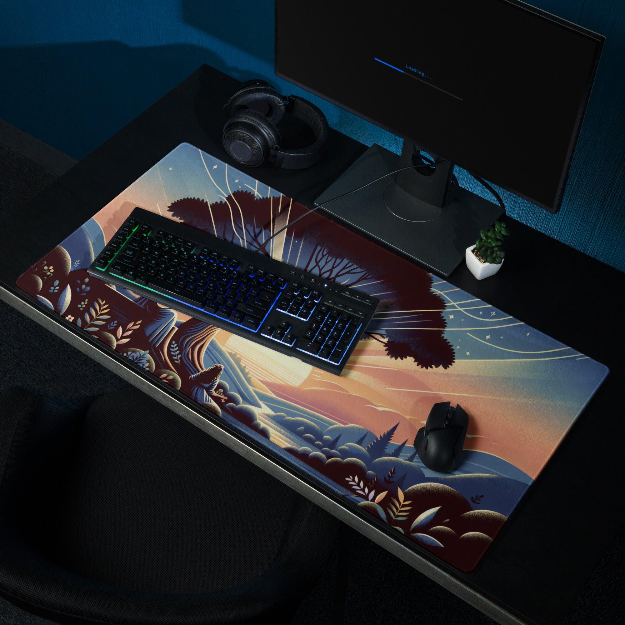 Whimsical sunset landscape guitarist under tree gaming mouse pad