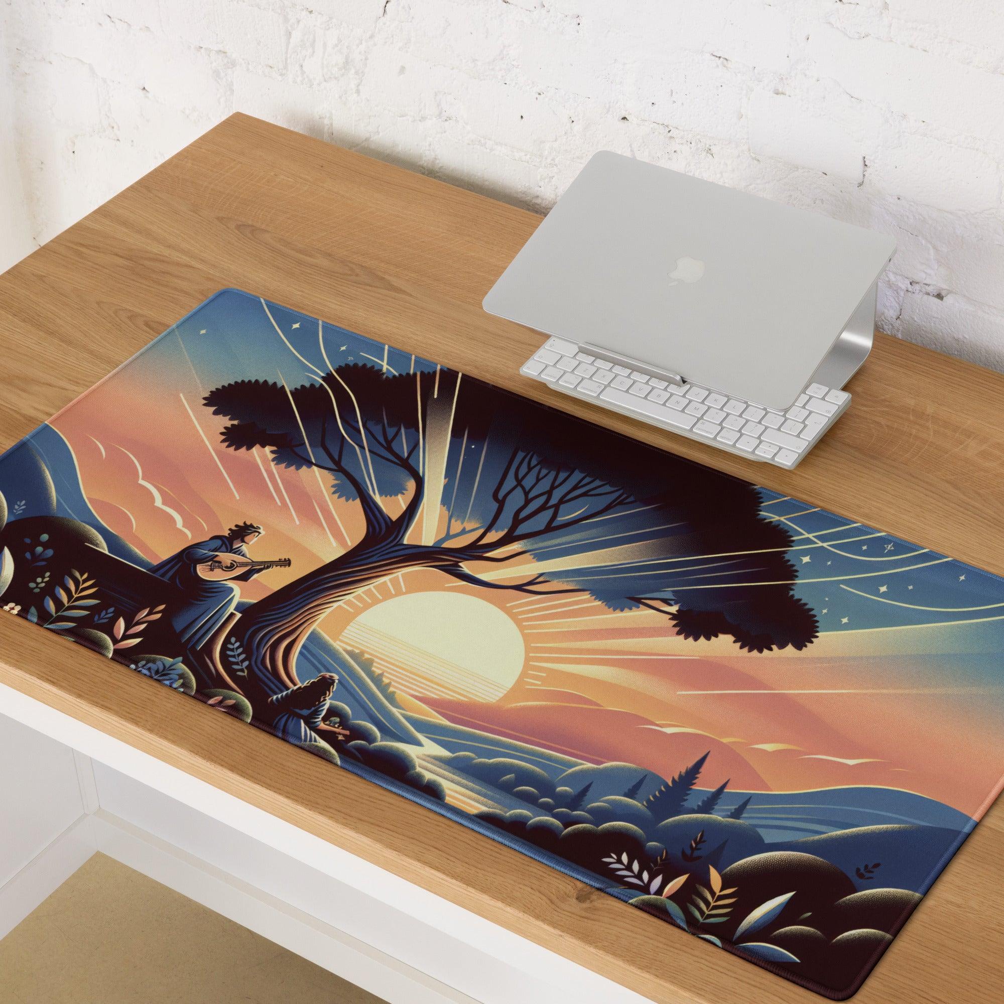 Whimsical sunset guitarist under tree gaming mouse pad illustration
