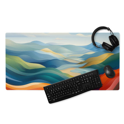Vibrant landscape gaming mouse pad with layered blues, greens, oranges, non-slip base
