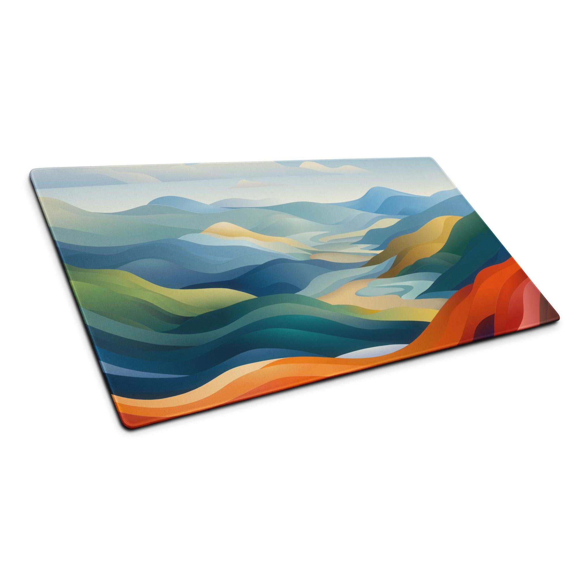 Vibrant landscape rectangular glass cutting board with blues greens oranges