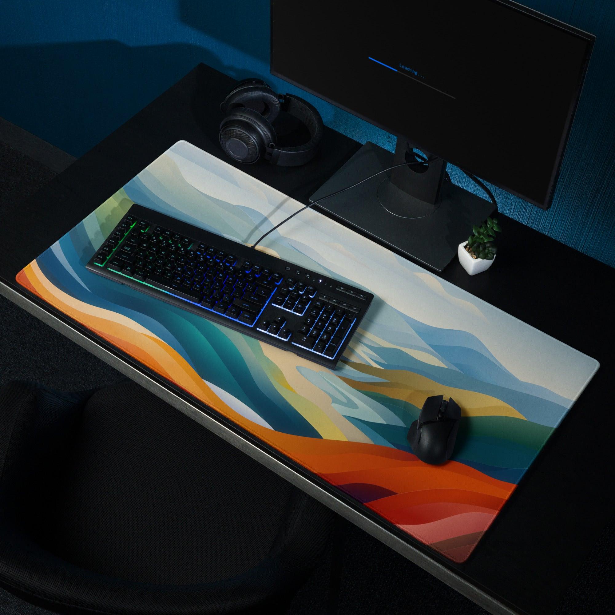 Vibrant landscape gaming mouse pad with teal orange waves large non-slip base