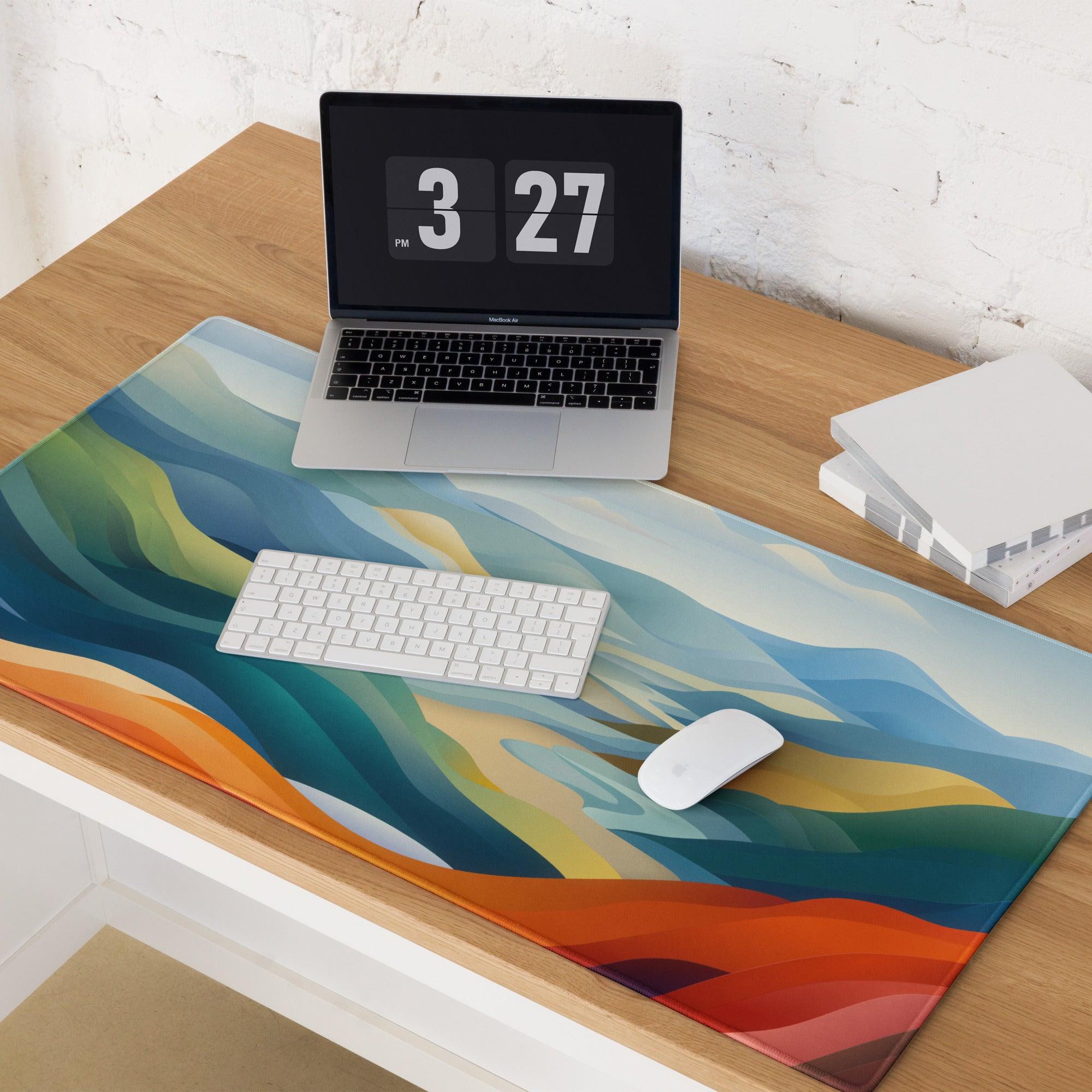 Vibrant abstract wave desk mat in blue green orange yellow large gaming mouse pad