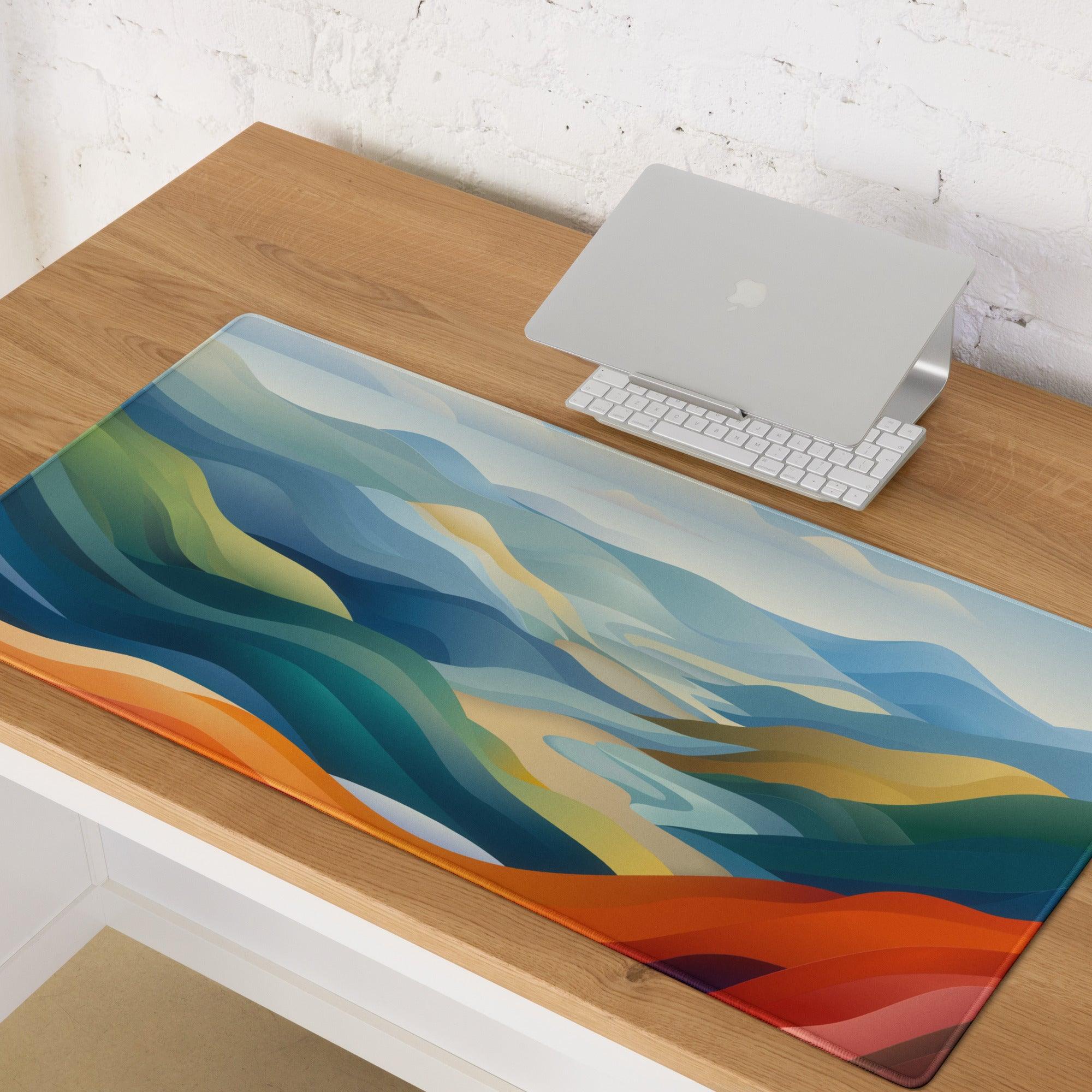 Vibrant landscape gaming mouse pad with large size, non-slip base and edge stitching