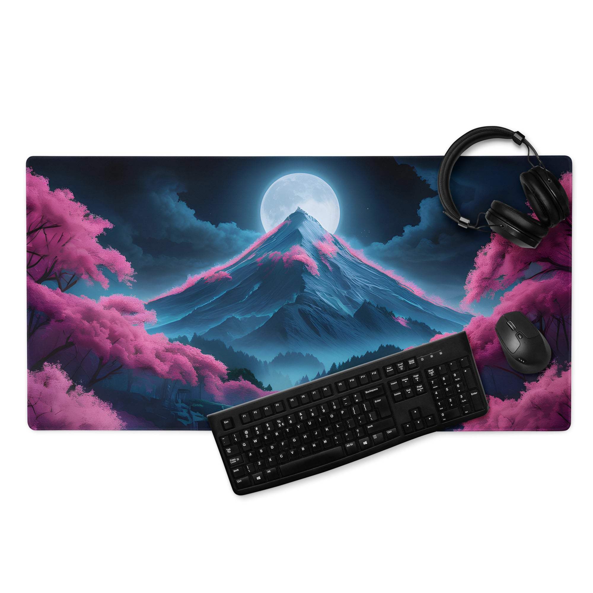Fantasy Nightscape Mount Fuji mousepad with pink blossoms and blue moonlit sky