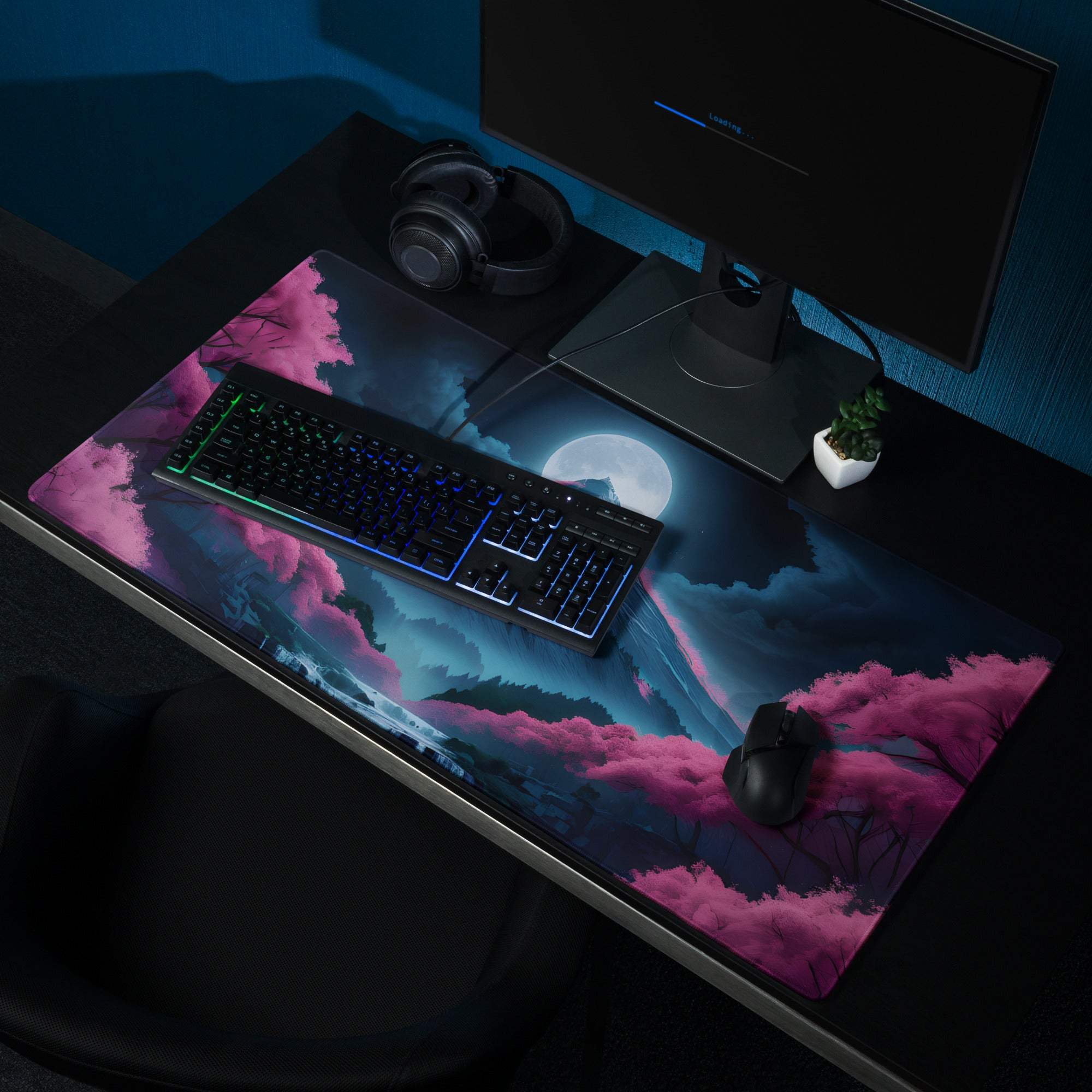 Vibrant pink teal Fantasy Nightscape gaming mouse pad with moonlit mountains