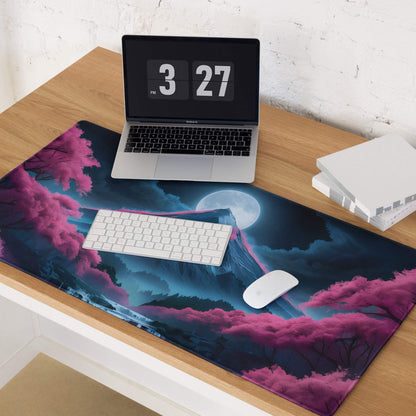 Fantasy Nightscape gaming mouse pad with neon pink cherry blossoms, moon, mountains