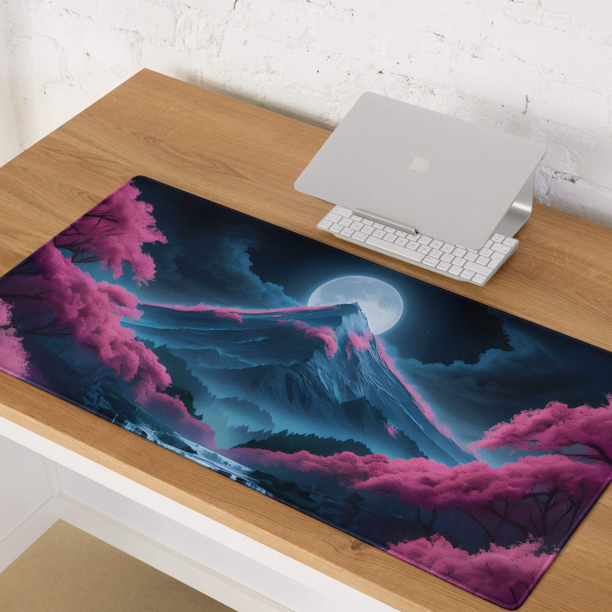 Fantasy Nightscape neon pink blue cyberpunk moonlit mountain gaming mouse pad