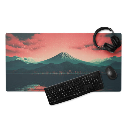 Cyberpunk Mount Fuji neon sunset gaming mouse pad with pink teal sky
