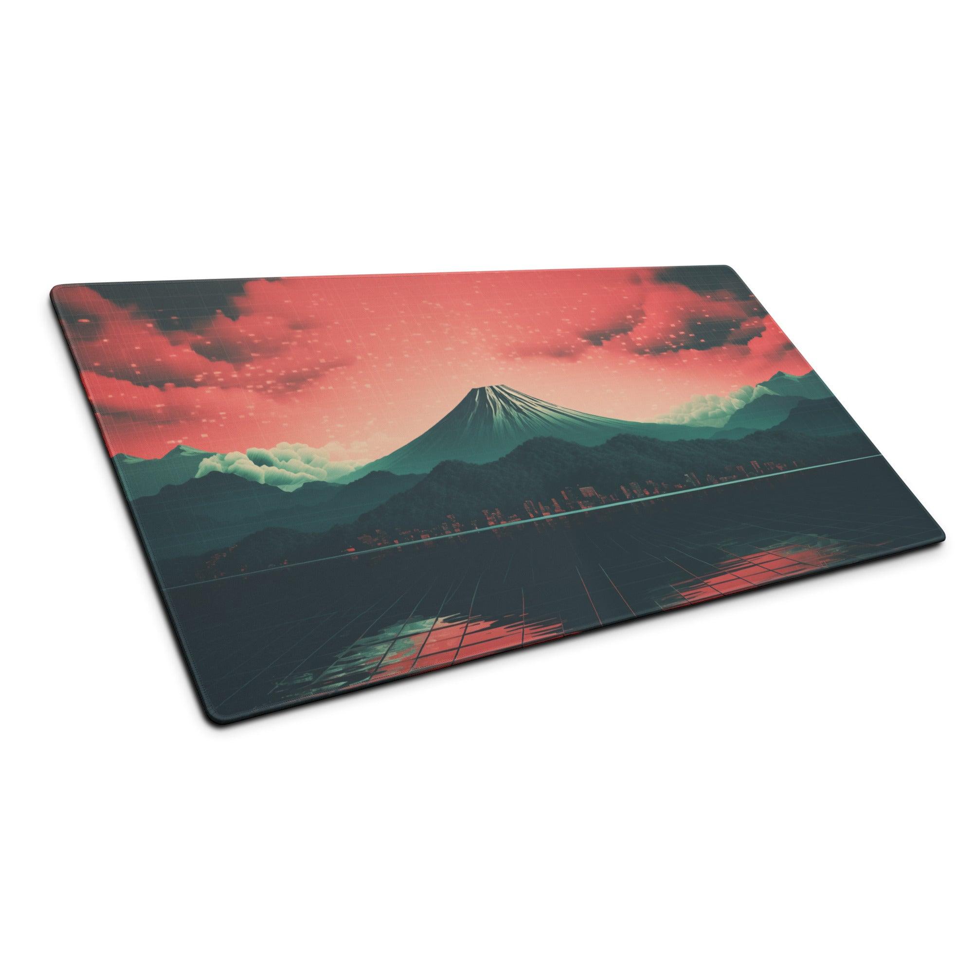 Cyberpunk Mount Fuji neon sunset large gaming mousepad with pink teal sky