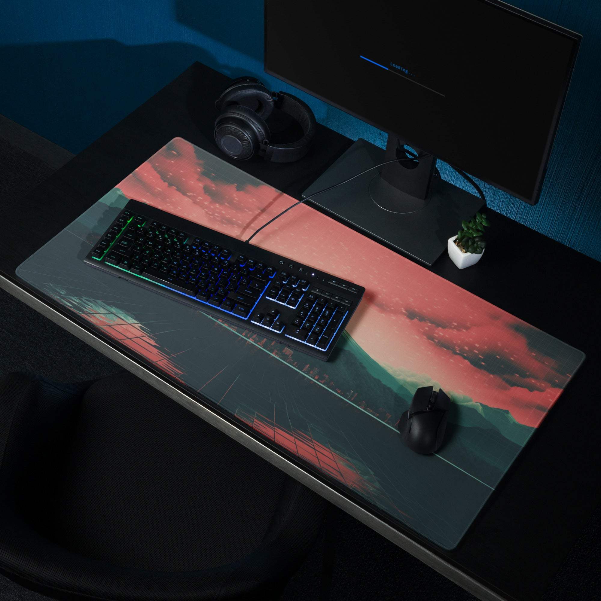 Cyberpunk Mount Fuji neon sunset gaming mouse pad with pink teal clouds