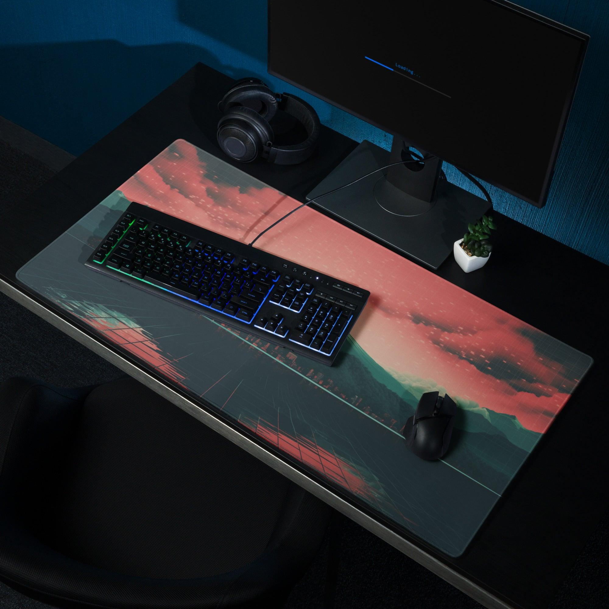 Cyberpunk Mount Fuji neon sunset gaming mouse pad with pink teal clouds